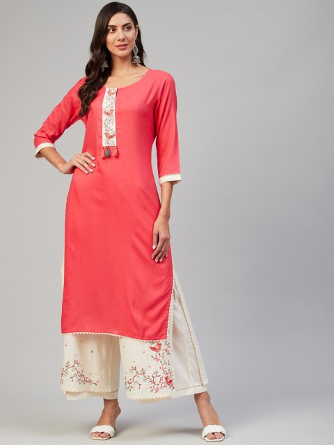 

VAABASTA Woman Pink Floral Kurta with double layered Embroidered Palazzos