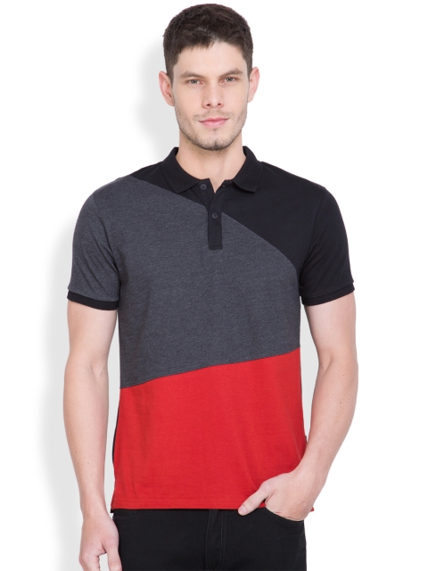 

HIGHLANDER Men Black & Red Colourblocked Polo Collar T-Shirt