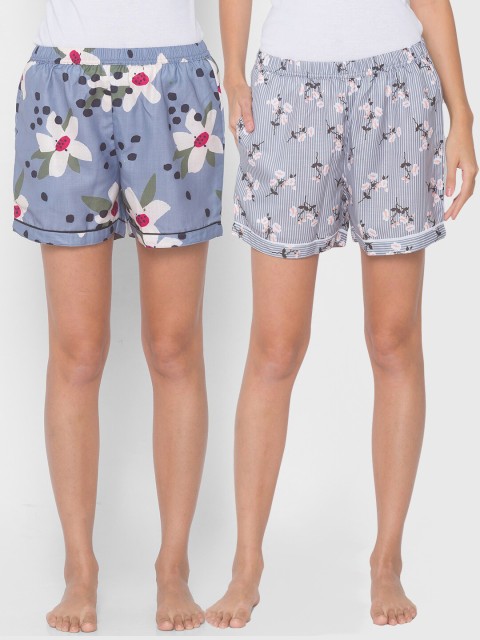 

FashionRack Women Pack Of 2 Grey & Blue Printed Cotton Lounge Shorts