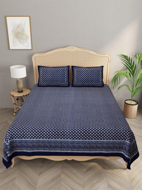 

Gulaab Jaipur Navy Blue & White Ethnic Motifs 400 TC King Bedsheet with 2 Pillow Covers