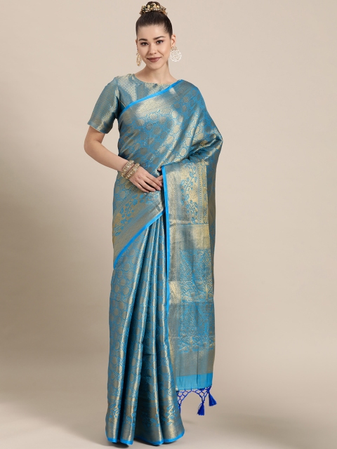 

BharatSthali Blue & Gold-Toned Ethnic Motifs Zari Silk Blend Banarasi Saree