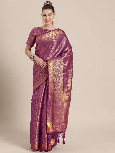 

BharatSthali Purple & Golden Ethnic Motifs Zari Silk Blend Banarasi Saree