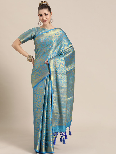 

BharatSthali Blue & Golden Ethnic Motifs Zari Silk Blend Banarasi Saree