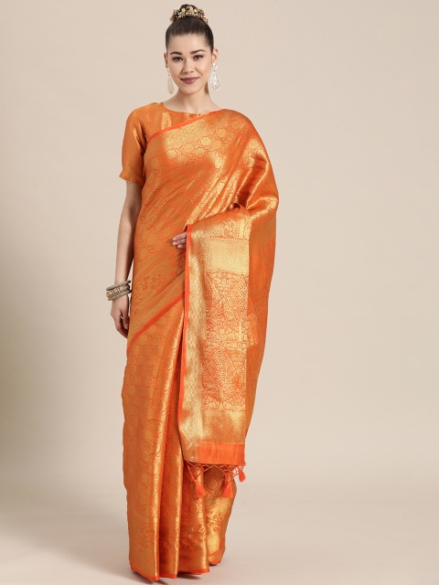 

BharatSthali Orange & Gold-Toned Ethnic Motifs Zari Silk Blend Banarasi Saree