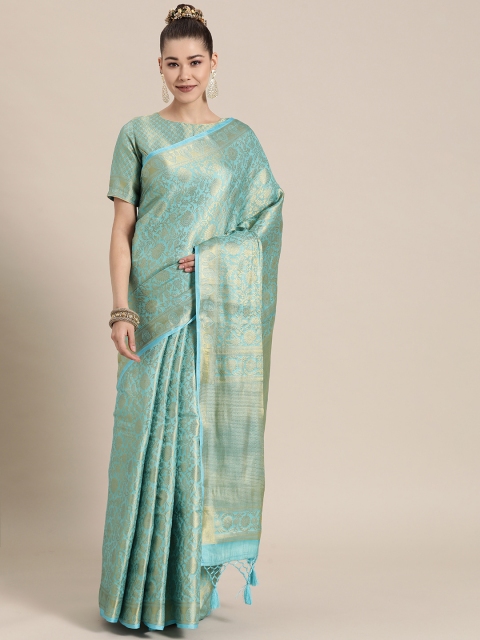

BharatSthali Blue & Gold-Toned Ethnic Motifs Zari Silk Blend Banarasi Saree