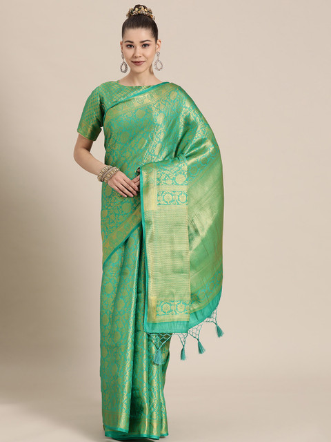 

BharatSthali Green & Golden Ethnic Motifs Zari Silk Blend Banarasi Saree