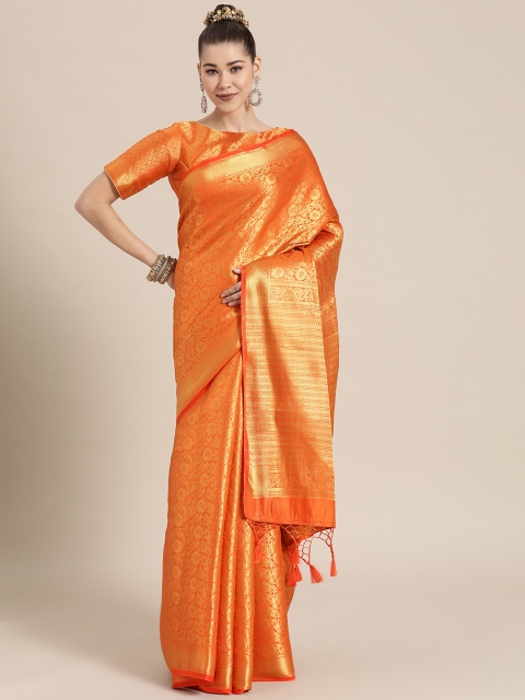 

BharatSthali Orange & Golden Ethnic Motifs Zari Silk Blend Banarasi Saree