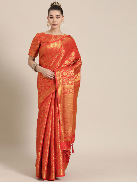 

BharatSthali Red & Golden Ethnic Motifs Zari Silk Blend Banarasi Saree