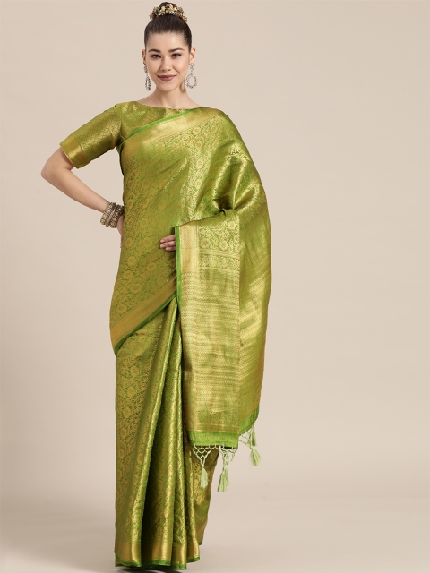 

BharatSthali Green Ethnic Motifs Zari Silk Blend Banarasi Saree