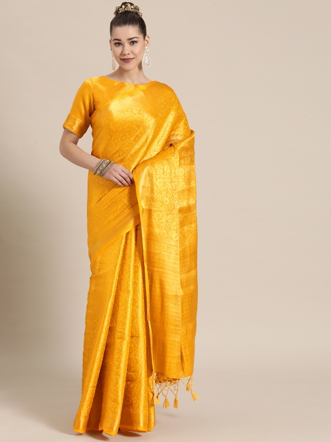 

BharatSthali Mustard Yellow & Golden Ethnic Motifs Zari Silk Blend Banarasi Saree