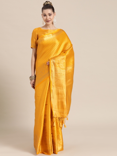 

BharatSthali Mustard Yellow & Golden Ethnic Motifs Zari Silk Blend Banarasi Saree