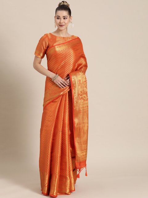 

BharatSthali Orange Ethnic Motifs Zari Silk Blend Banarasi Saree