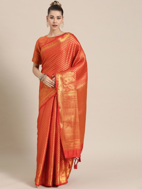 

BharatSthali Red & Golden Ethnic Motifs Zari Silk Blend Banarasi Saree
