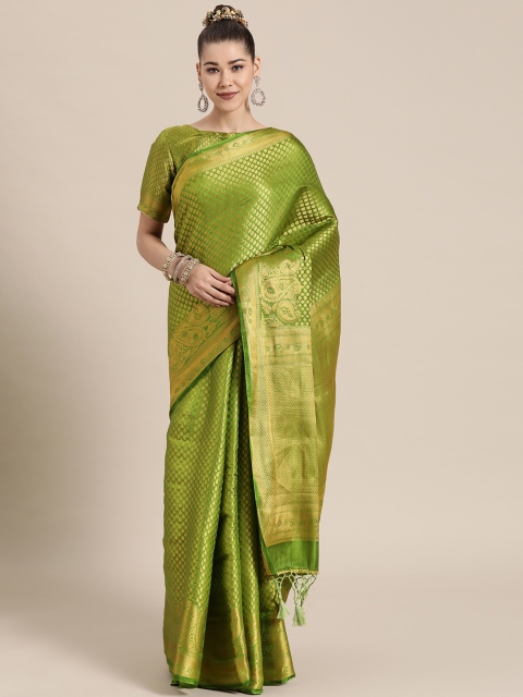 

BharatSthali Green & Golden Ethnic Motifs Zari Silk Blend Banarasi Saree