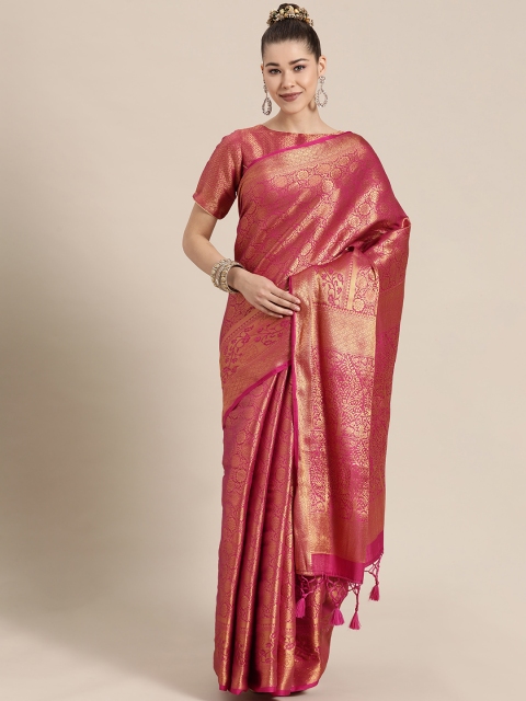 

BharatSthali Magenta Pink & Golden Ethnic Motifs Zari Silk Blend Banarasi Saree