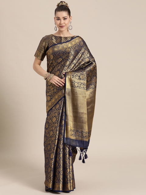 

BharatSthali Navy Blue & Golden Ethnic Motifs Zari Silk Blend Banarasi Saree