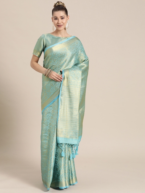 

BharatSthali Blue & Gold-Toned Ethnic Motifs Zari Silk Blend Banarasi Saree