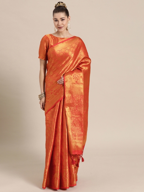 

BharatSthali Red & Golden Ethnic Motifs Zari Silk Blend Banarasi Saree