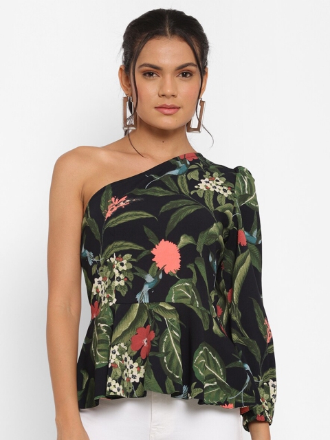 

Twenty3 Navy Blue & Green Tropical Print One Shoulder Tropical Crepe Peplum Top