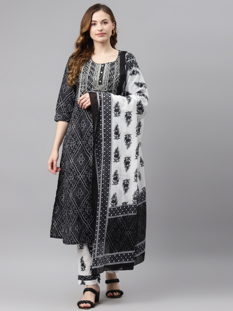 

Readiprint Fashions Women Black & White Cotton Bandhani Print Kurta- Trousers & Dupatta