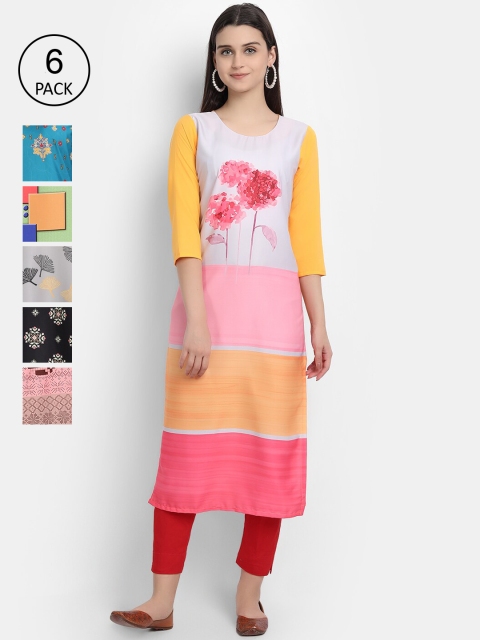 

7Threads Women Pack of 6 Ethnic Motifs Printed Crepe Kurta, Blue
