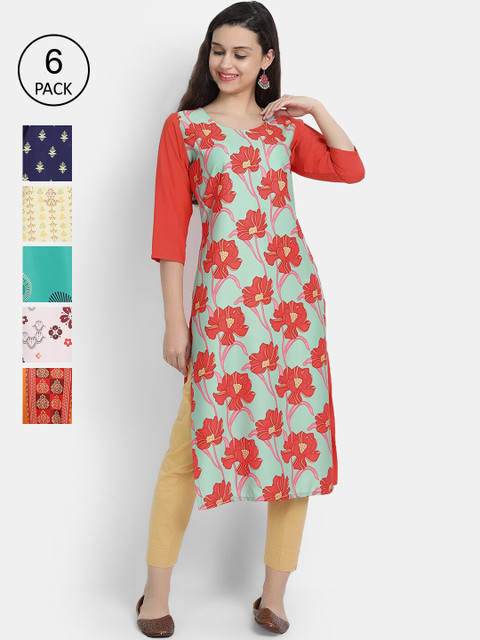 

7Threads Women Pack Of 6 Kurtas, Green