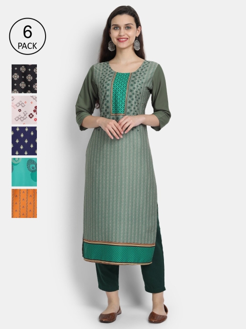 

7Threads Women Pack Of 6 Kurtas, Green