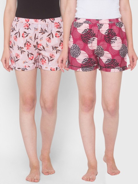 

FashionRack Women Pack Of 2 Maroon & Pink Printed Cotton Lounge Shorts