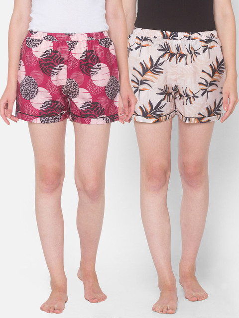 

FashionRack Women Pack Of 2 Maroon & Beige Printed Cotton Lounge Shorts