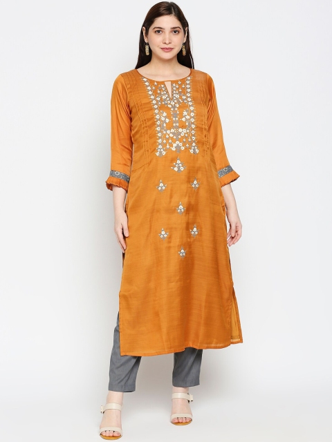 

Kuber Studio Women Mustard Yellow Printed Thread Work Silk Crepe Kurta with Trousers & With Dupatta