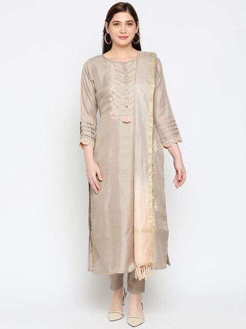 

Kuber Studio Women Grey Yoke Design Thread Work Silk Crepe Kurta with Trousers & With Dupatta