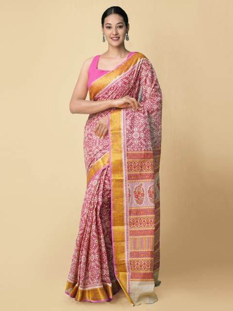 

Unnati Silks Pink & White Ethnic Motifs Zari Pure Cotton Kasavu Saree