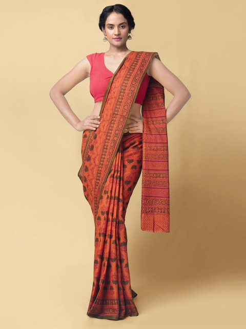 

Unnati Silks Rust & Green Ethnic Motifs Pure Cotton Block Print Saree