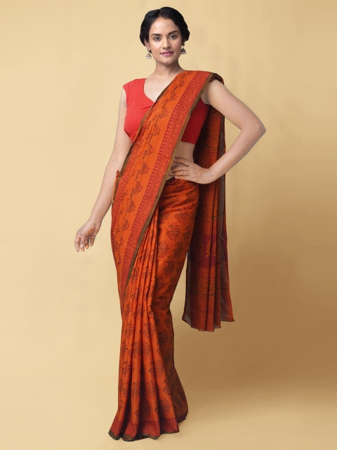 

Unnati Silks Red & Green Ethnic Motifs Pure Cotton Block Print Saree