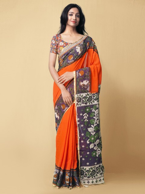 

Unnati Silks Red & Orange Kalamkari Pure Cotton Jamdani Saree