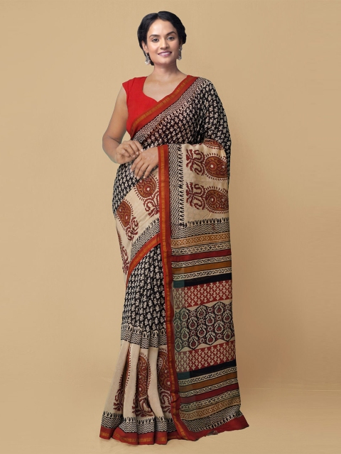 

Unnati Silks Black & Cream-Coloured Ethnic Motifs Zari Silk Cotton Chanderi Saree