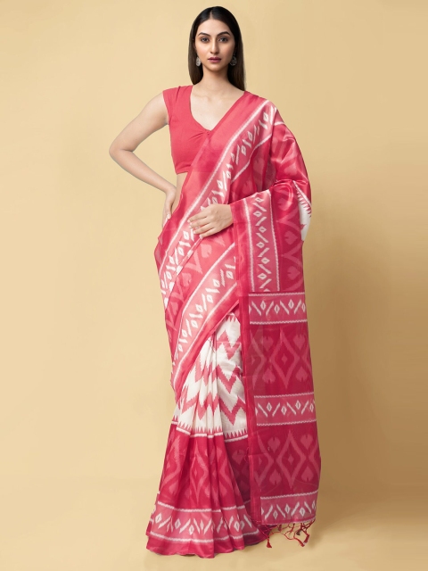 

Unnati Silks Pink & White Floral Art Silk Block Print Saree