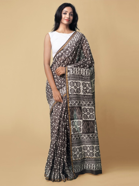 

Unnati Silks Grey & White Dabu Zari Silk Cotton Chanderi Saree