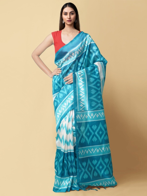

Unnati Silks Cream-Coloured & Blue Ethnic Motifs Art Silk Block Print Saree