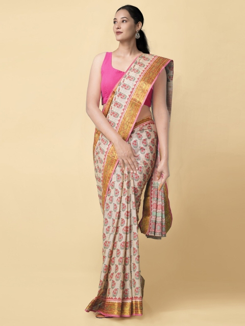 

Unnati Silks Beige & Pink Ethnic Motifs Zari Jute Cotton Block Print Saree