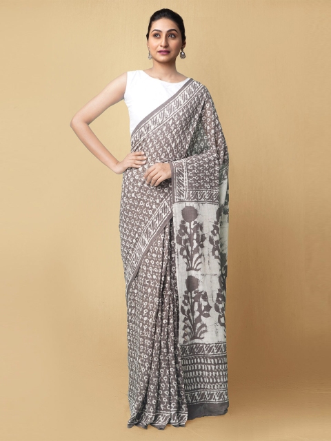 

Unnati Silks Grey & White Ethnic Motifs Pure Cotton Dabu Saree