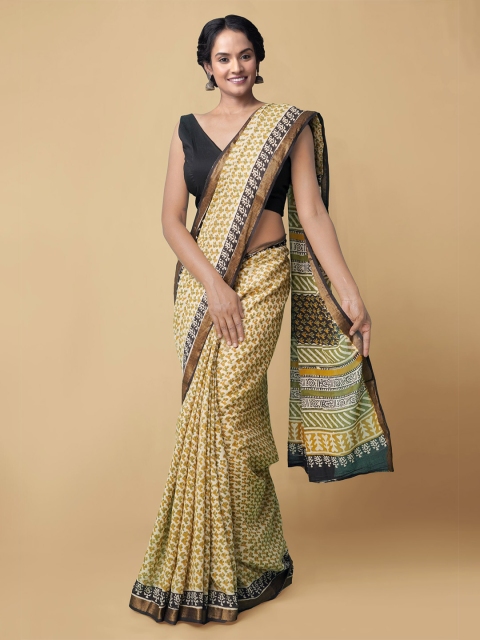 

Unnati Silks Beige & Black Floral Bagru Saree