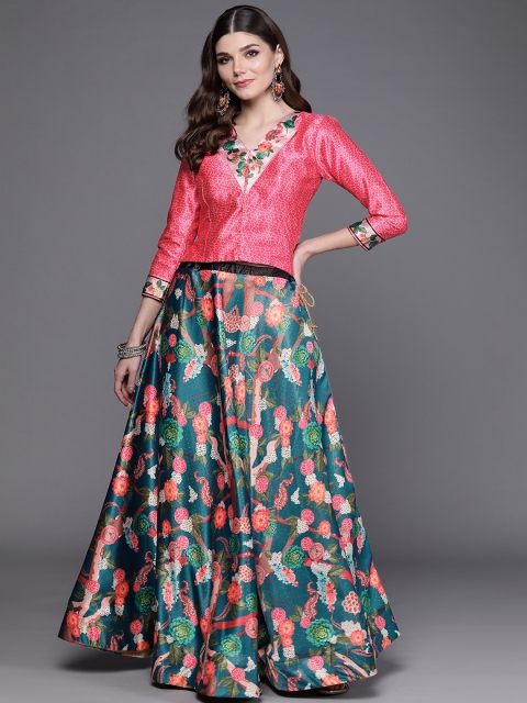 

Mitera Pink & Teal Green Printed Block Print Semi-Stitched Lehenga & Unstitched