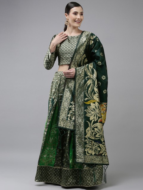 

DIVASTRI Green & Gold-Toned Woven Design Banarasi Lehenga Choli