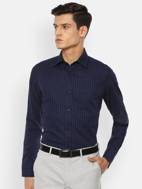 

Louis Philippe Men Navy Blue & Black Opaque Striped Pure Cotton Formal Shirt