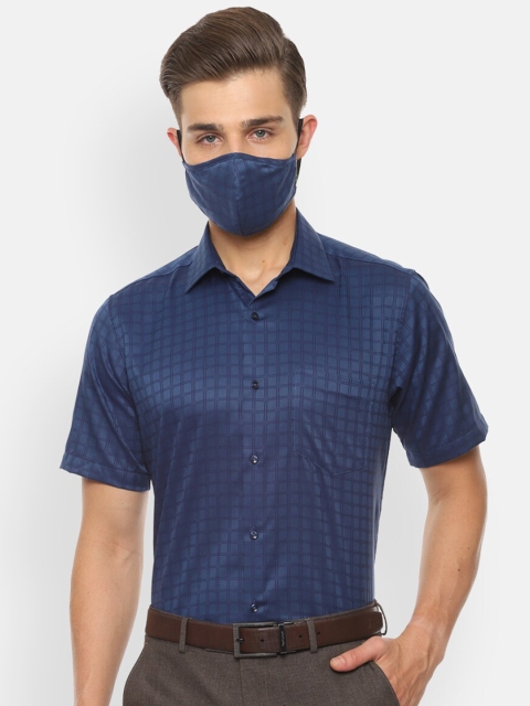 

Van Heusen Men Navy Blue Opaque Checked Pure Cotton Formal Shirt with Mask