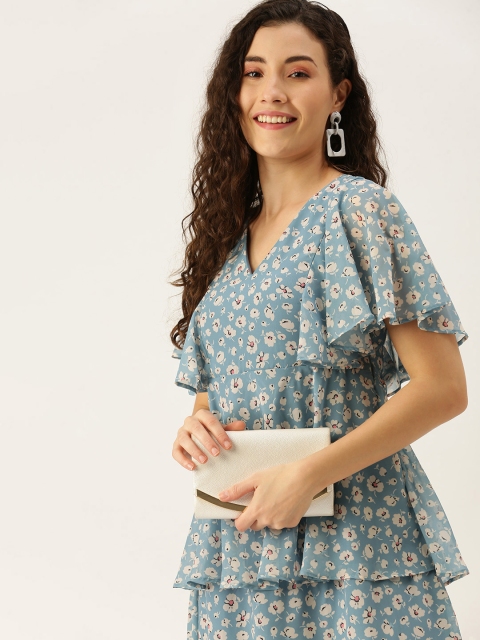 

MELOSO Blue & Cream-Coloured Floral Layered Georgette Fit & Flare Dress