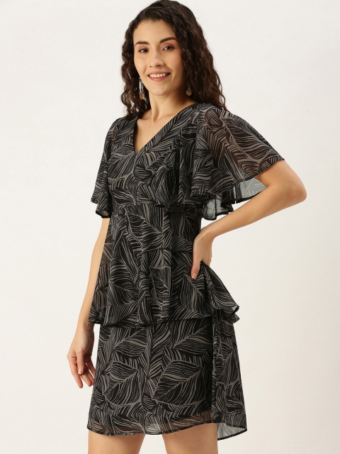 

MELOSO Black Tropical Layered Georgette Fit & Flare Dress