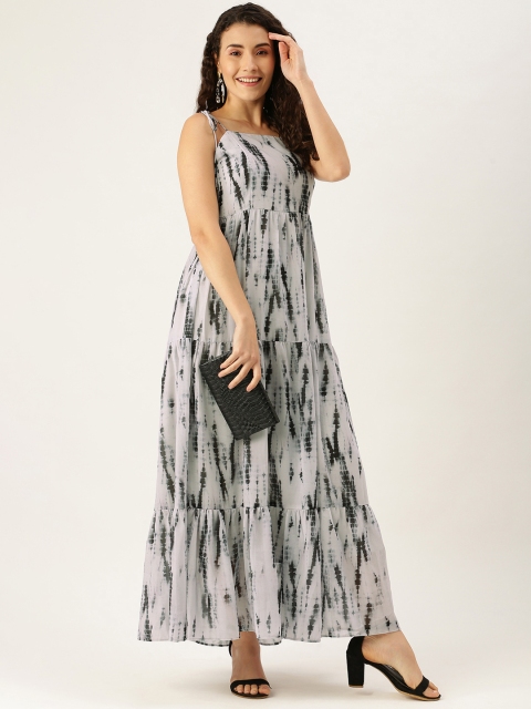 

MELOSO Grey & Black Tie & Dye Trapeze Tie-Up Neck Georgette Maxi Dress