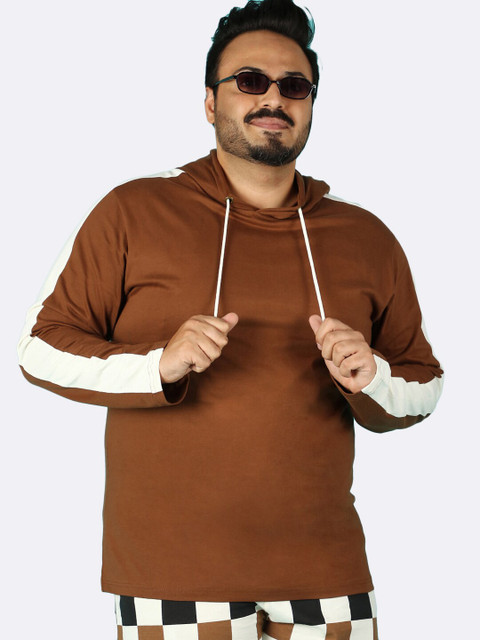 

Bewakoof Plus Men Brown & White Pure Cotton Hooded Sweatshirt
